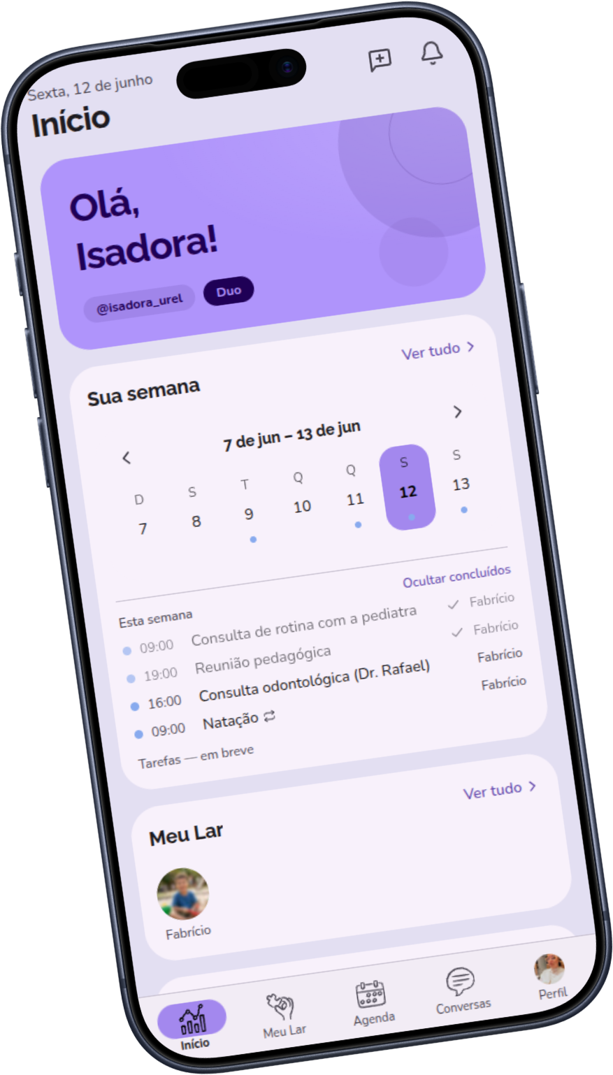 Tela Início do Compartilar no celular, com a agenda da semana